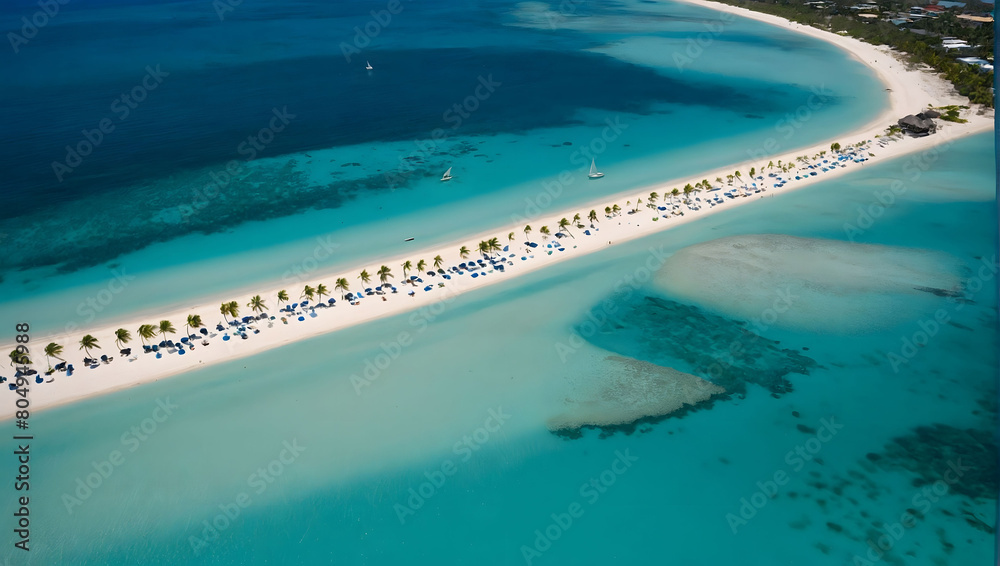 Aerial Paradise, Beach with Palm Trees Along the Shoreline Captured in Bird's-Eye-View Photography, Featuring Turquoise Waters and White Sands.