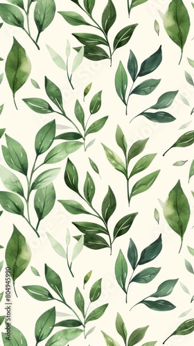A seamless botanical watercolor illustration featuring a variety of green leaves, perfect for backgrounds, textiles, and eco-friendly concepts