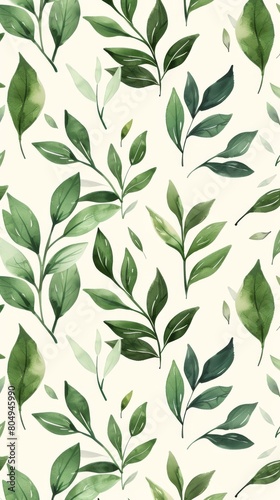 A seamless botanical watercolor illustration featuring a variety of green leaves  perfect for backgrounds  textiles  and eco-friendly concepts