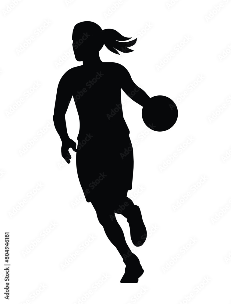 Black silhouette of a girl's basketball player runs with a ball and dribbling
