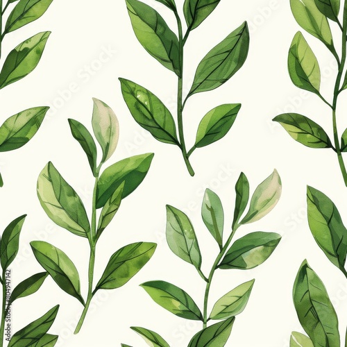 A seamless botanical watercolor illustration featuring a variety of green leaves, perfect for backgrounds, textiles, and eco-friendly concepts © MiniMaxi