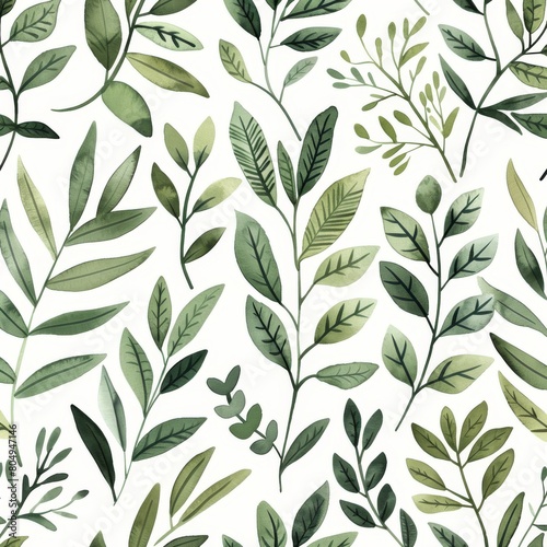 A seamless botanical watercolor illustration featuring a variety of green leaves, perfect for backgrounds, textiles, and eco-friendly concepts