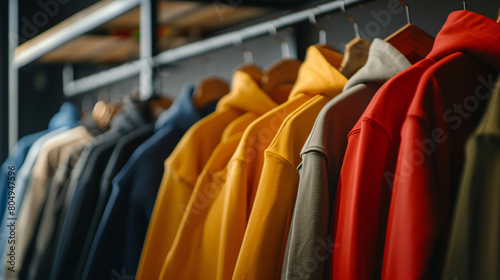 Rack with stylish hoodies in modern room closeup