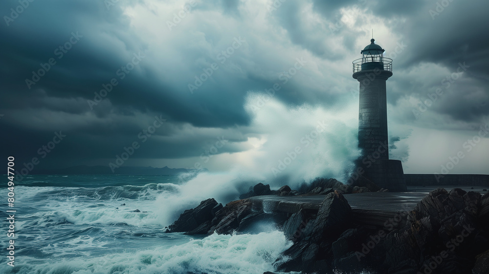 lighthouse with waves crashing on rocks