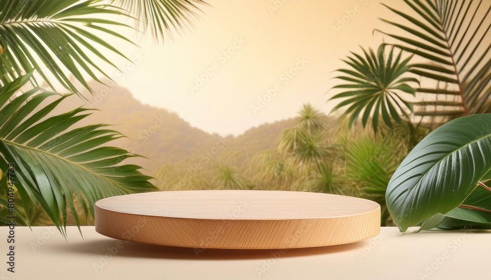 Nature's Showcase: Wooden Podium in Tropical Setting for Product Presentation Nature's Showcase: Wooden Podium in Tropical Setting for Product Presentation