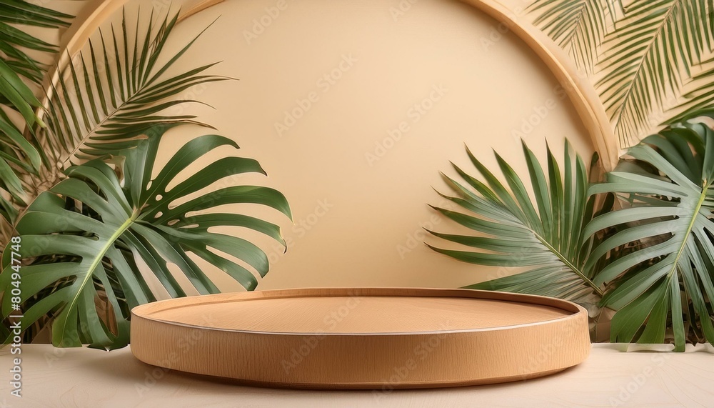 Serenity in Nature: Wood Podium Surrounded by Tropical Greenery for Product Showcase Serenity in Nature: Wood Podium Surrounded by Tropical Greenery for Product Showcase