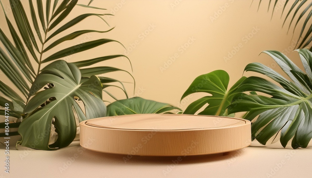 Tropical Tranquility: Circle Wood Podium Amidst Lush Forest for Product Display Tropical Tranquility: Circle Wood Podium Amidst Lush Forest for Product Display