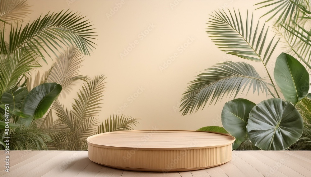 Natural Elegance: Wood Podium in Tropical Forest for Product Showcase Natural Elegance: Wood Podium in Tropical Forest for Product Showcase