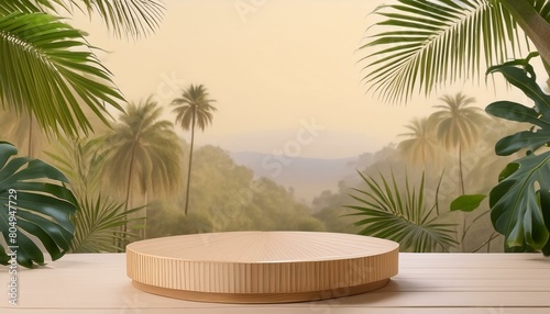 Tranquil Podium  Wood Circle Display Stand in Tropical Forest for Product Presentation