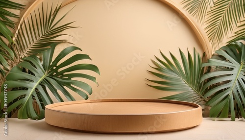 Serenity in Nature  Wood Podium Surrounded by Tropical Greenery for Product Showcase
