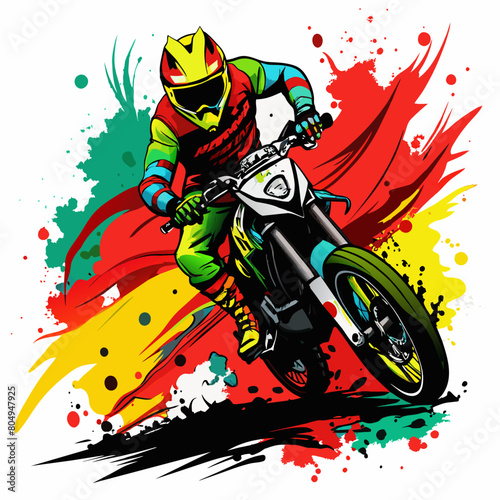 A man riding bike line pop art potrait logo colorful design with dark background. Isolated black background for t-shirt, poster, clothing, merch, apparel, badge