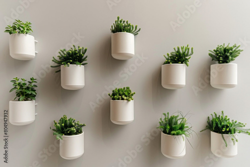 A series of minimalist wall-mounted planters with clean lines and matte finishes, arranged in a vertical garden on a neutral-colored wall, bringing greenery indoors with a contemporary touch. 