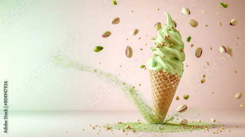 Pistachios ice cream cone isolated on pastel color background, pistachios and pistachios powder photo