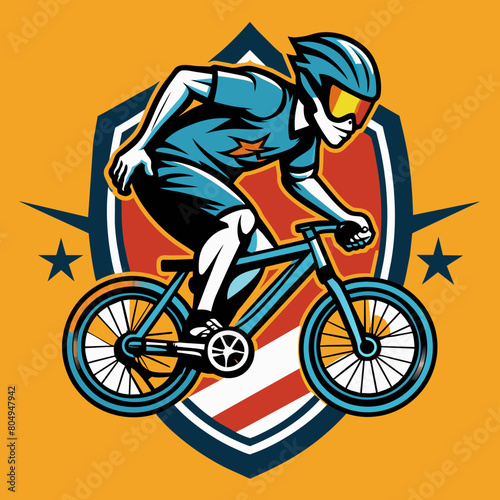 A man riding bike line pop art potrait logo colorful design with dark background. Isolated black background for t-shirt, poster, clothing, merch, apparel, badge