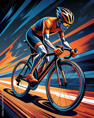 A man riding bike line pop art potrait logo colorful design with dark background. Isolated black background for t-shirt, poster, clothing, merch, apparel, badge