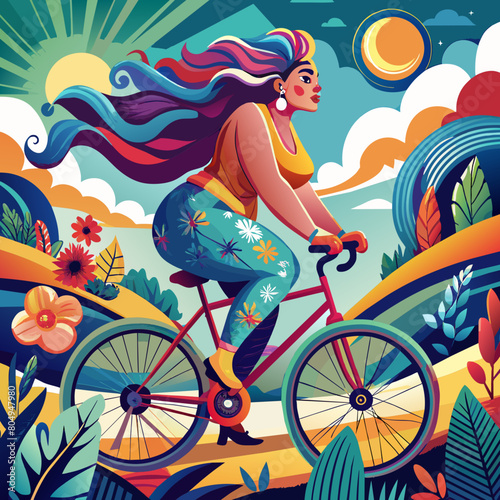 A man riding bike line pop art potrait logo colorful design with dark background. Isolated black background for t-shirt, poster, clothing, merch, apparel, badge