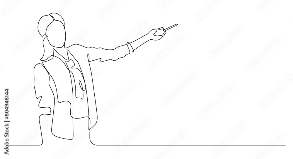 continuous line drawing of woman presenting or teaching