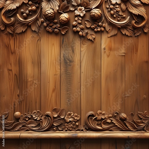 openwork wood carving on a wooden background photo