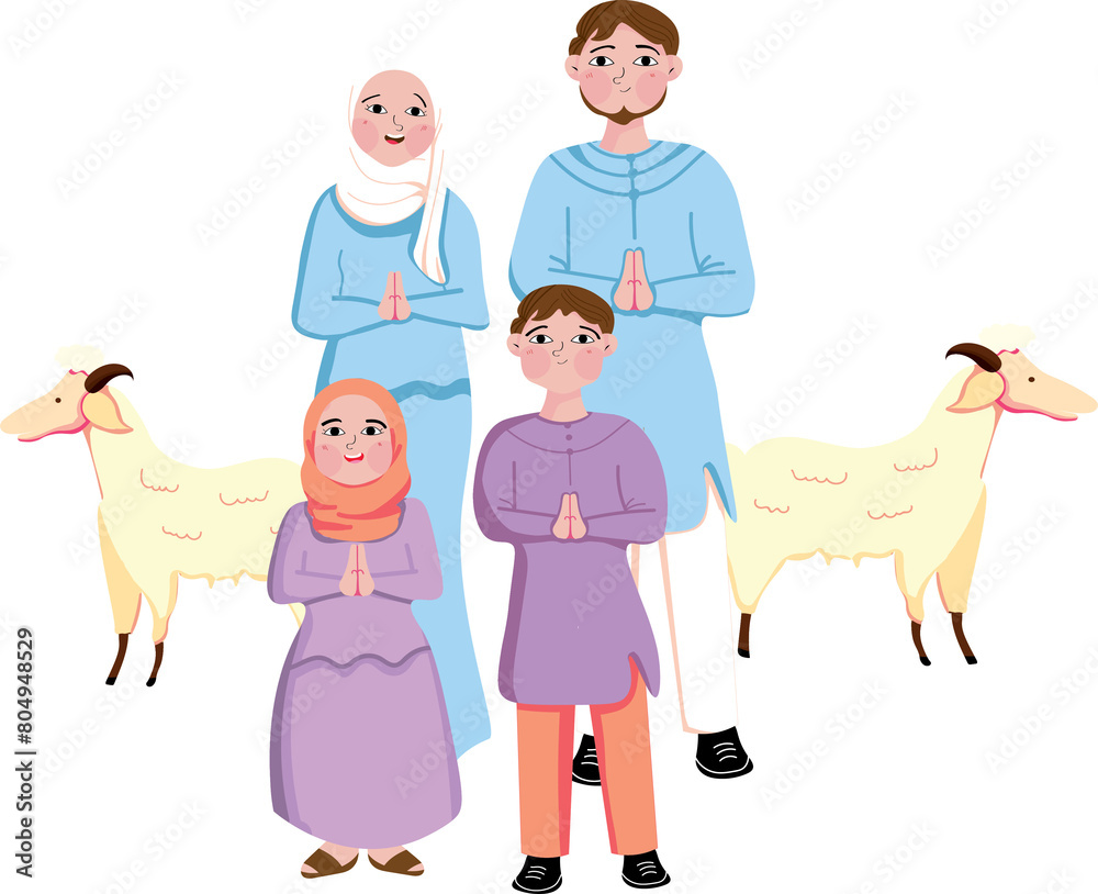 Cheerful Muslim Family Character with Goat