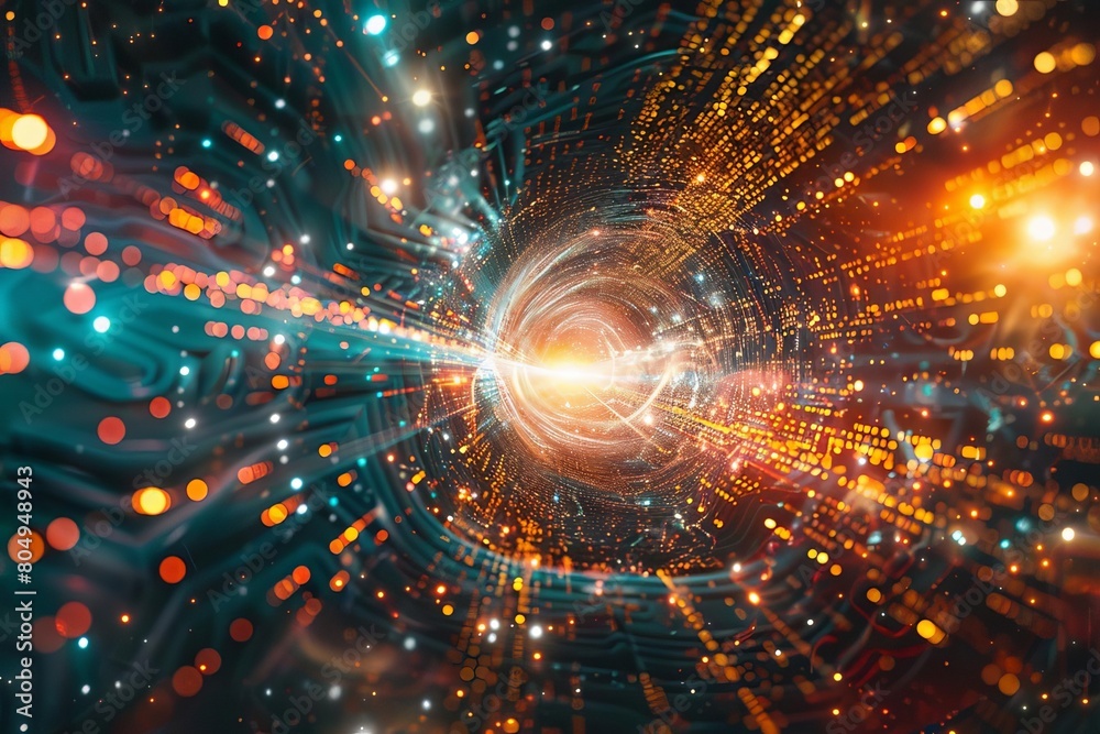 Expansive view of the Code Universe with a bright singularity at its center, symbolizing the birth of new technology, Futuristic Visions Expansive view of the Code Universe with a bright singularity at its center, symbolizing the birth of new technology, Futuristic Visions
