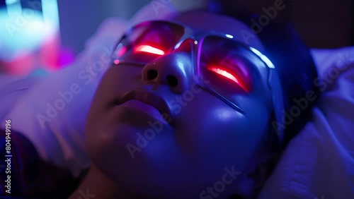 A person wearing a lucid dreaming mask which uses light and sound cues to induce and prolong lucid dream states. .