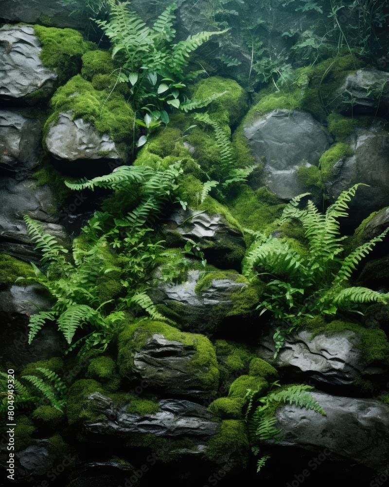 lush green ferns and moss covered rocks in a forest lush green ferns and moss covered rocks in a forest