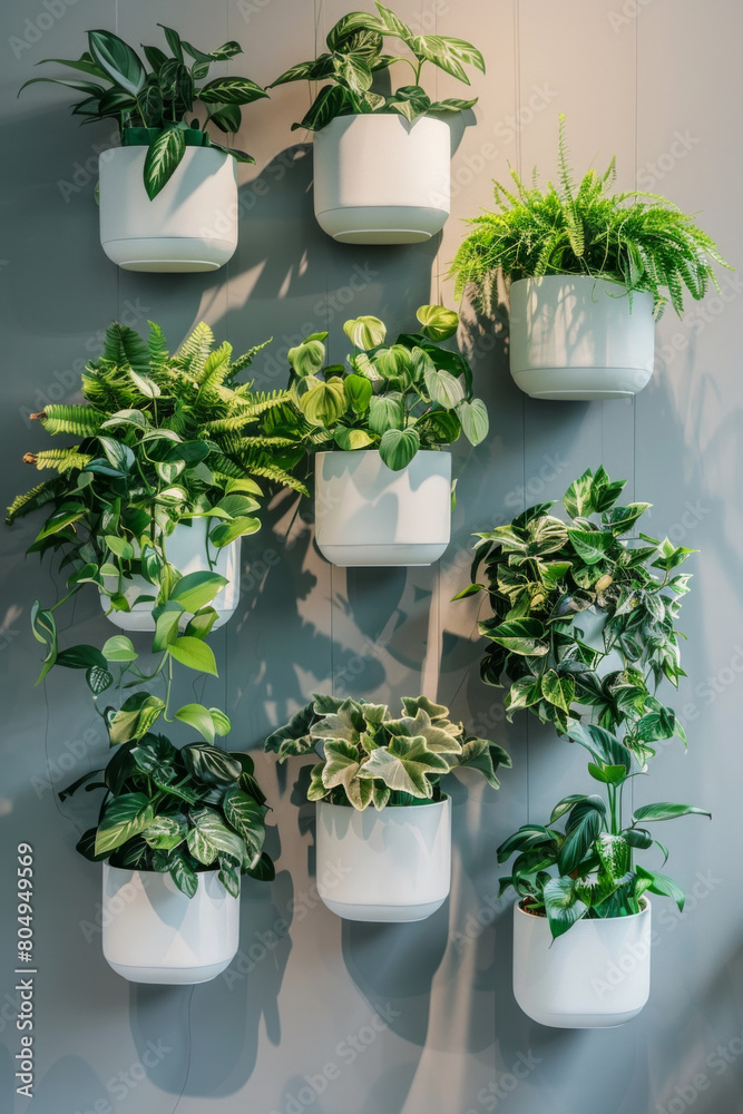 A series of minimalist wall-mounted planters with clean lines and matte finishes, arranged in a vertical garden on a neutral-colored wall, bringing greenery indoors with a contemporary touch. 