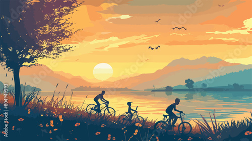 Father and sons with bicycle in landscape Vector style