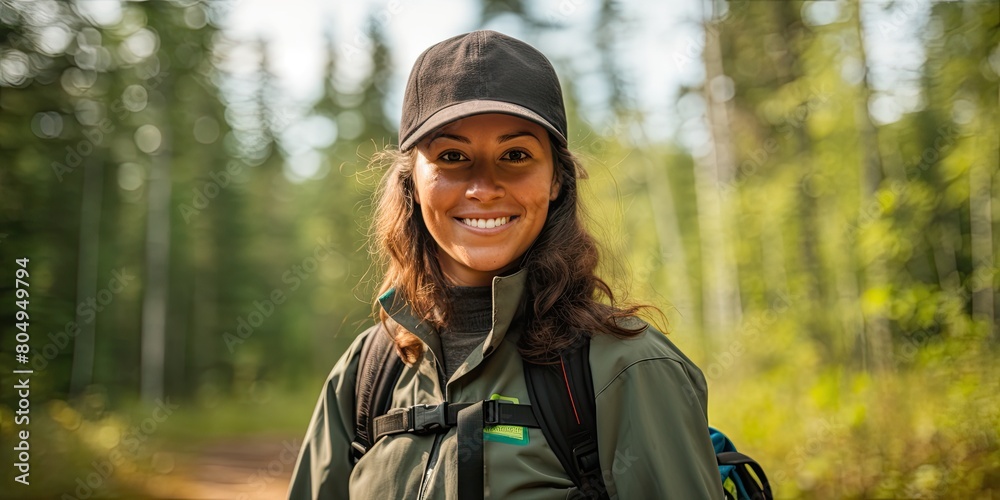 Smiling hiker enjoying nature in the woods Smiling hiker enjoying nature in the woods