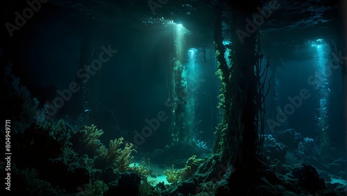 A deep-sea abyss, where bioluminescent creatures cast an ethereal glow amid the darkness ai_generated © Haroon