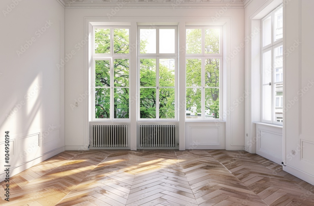 Spacious empty room with a large window and polished parquet floor, offering serene interior design in Berlin, Germany Spacious empty room with a large window and polished parquet floor, offering serene interior design in Berlin, Germany