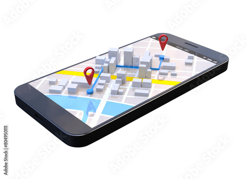 Mobile GPS navigation concept, Smartphone with city map application and marker pin pointer on transparent background