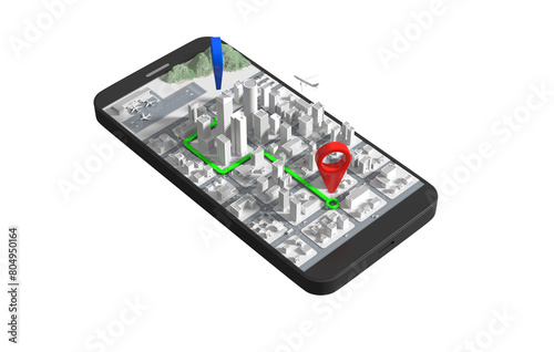 Mobile GPS navigation concept, Smartphone with city map application and marker pin pointer on transparent background