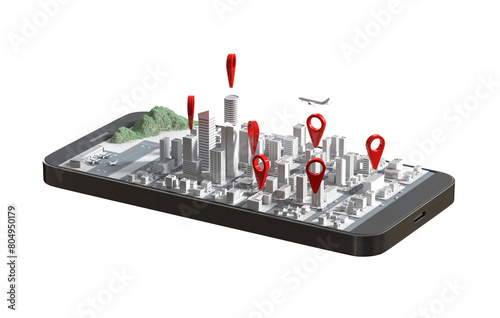 Mobile GPS navigation concept, Smartphone with city map application and marker pinpoint transparent background