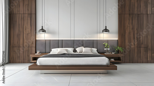  Modern Bedroom with Wooden Accents and Nature-inspired Decor.