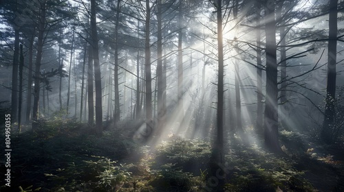 Misty forest scene with sunlight filtering through the trees, casting enchanting shadows