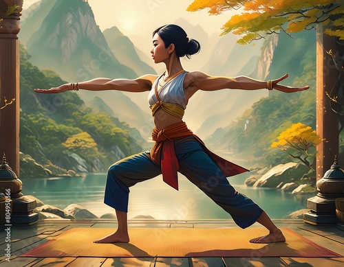 Person performing the Warrior Pose (Virabhadrasana), depicted with a strong and grounded stance that emulates a warrior ready. Focus, balance, and stability in a serene, artistic setting photo