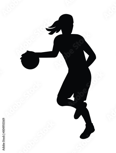 Black silhouette of a women's basketball team girl player standing and preparing to throw the ball