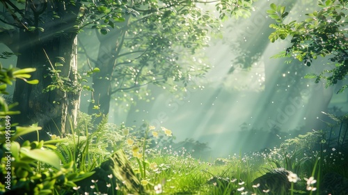 Misty forest scene with sunlight filtering through the trees  casting enchanting shadows