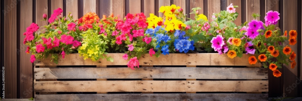 Beautiful different color flowers in pots on wooden pallet Beautiful different color flowers in pots on wooden pallet
