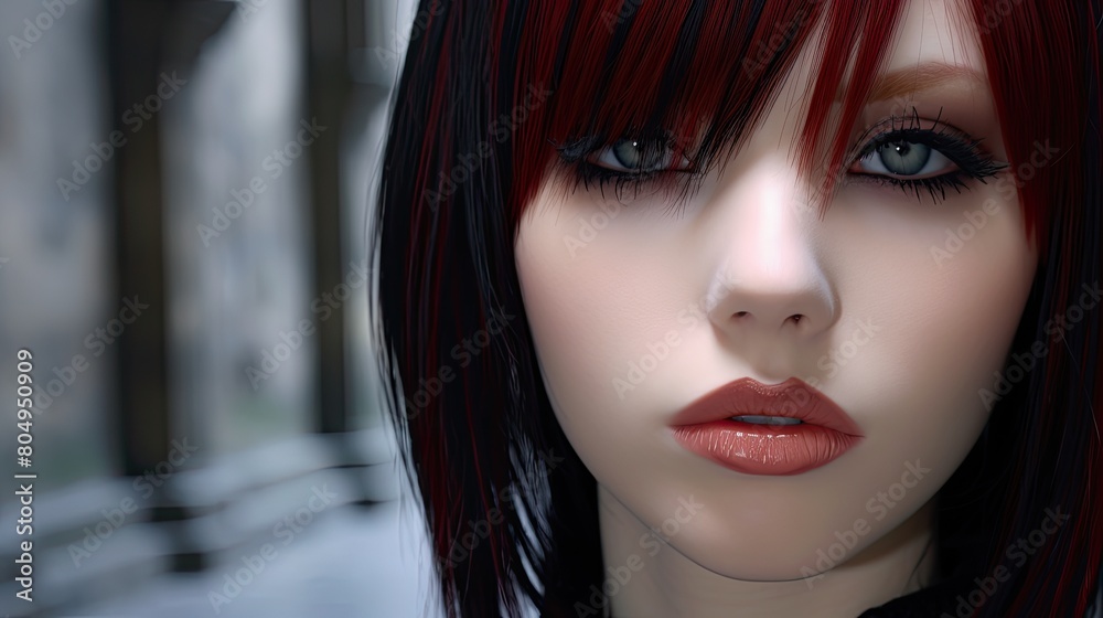 Mysterious woman with striking red hair and intense gaze Mysterious woman with striking red hair and intense gaze