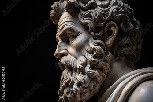 Intricate ancient marble sculpture with flowing, curled hair