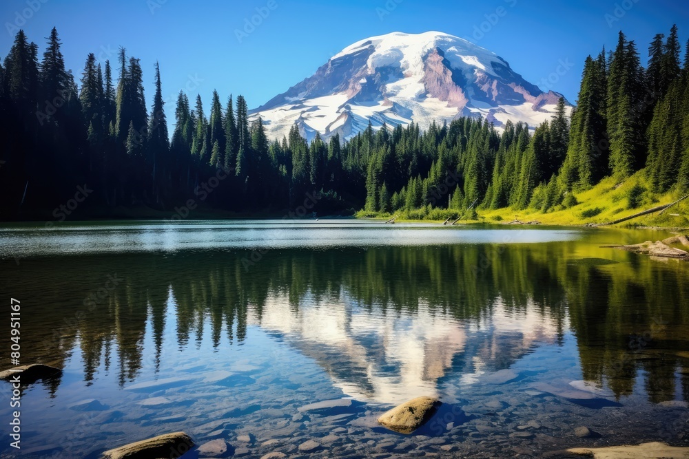 Majestic snow-capped mountain reflected in serene lake