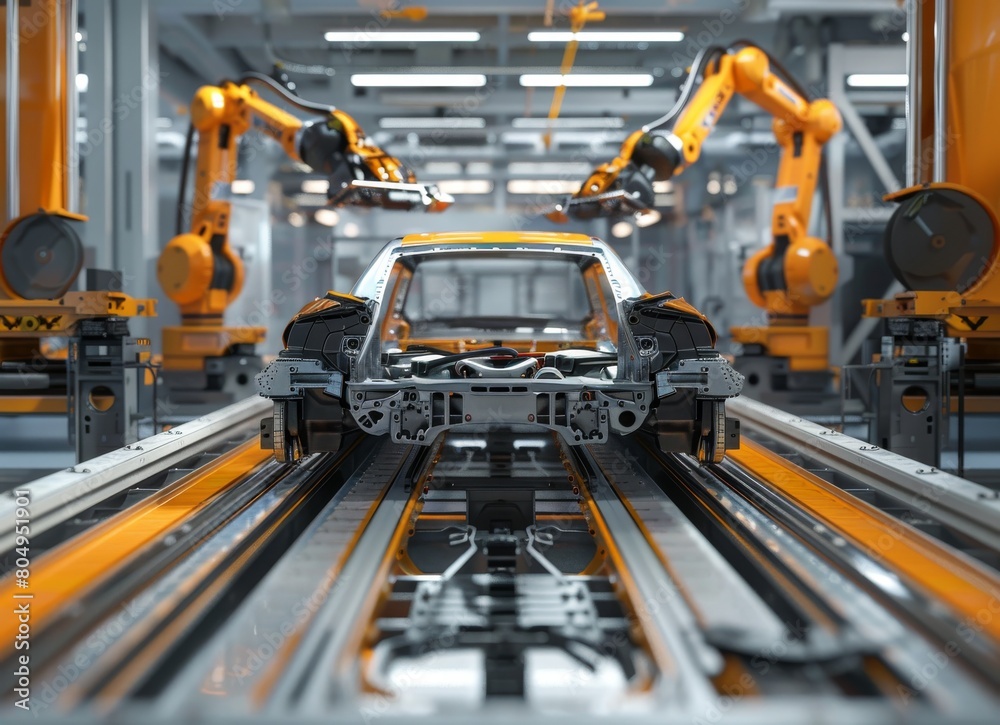 Robotic arms assembling a car chassis in a modern automotive factory line. Created with Generative AI