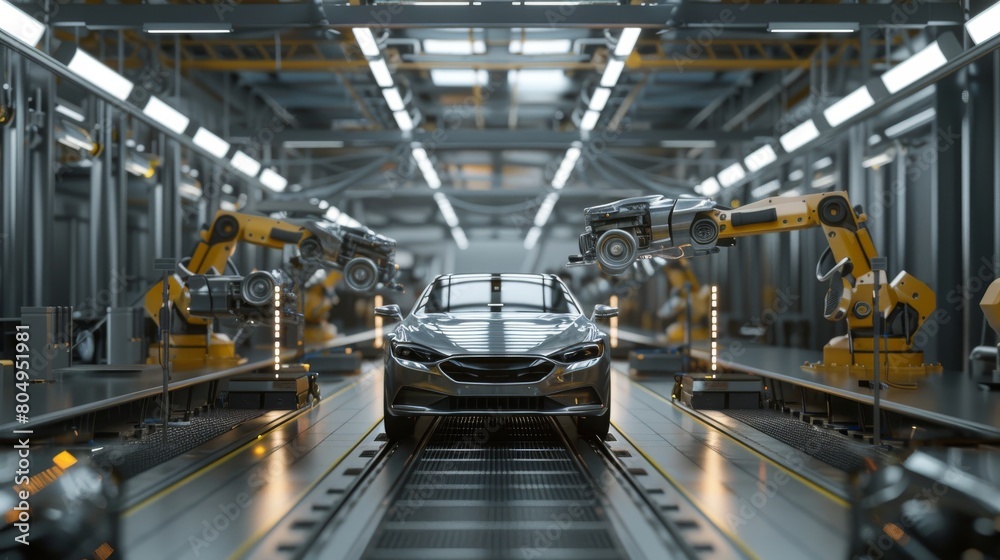 A sleek car on a production line with robotic arms poised to work in a modern automotive factory. Created with Generative AI