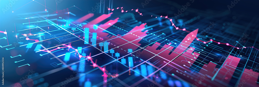 Obraz premium Graph, chart and hologram of stock market, financial management and investment profit tracking.
