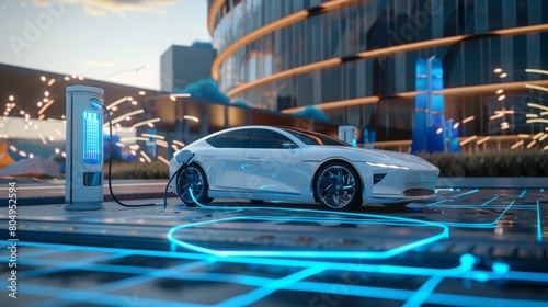A futuristic white electric car charging at a station with glowing blue lights in a modern cityscape at dusk. Created with Generative AI photo