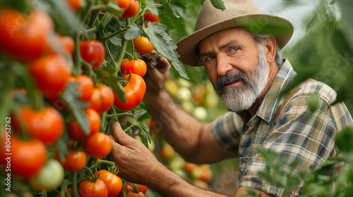 Organic farmer checking his tomatoes in a hothouse.