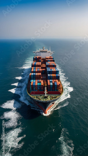 Aerial vista from a drone's lens, a container ship traverses vast oceans, epitomizing the intricacies of international logistics in cargo shipping and freight transportation.