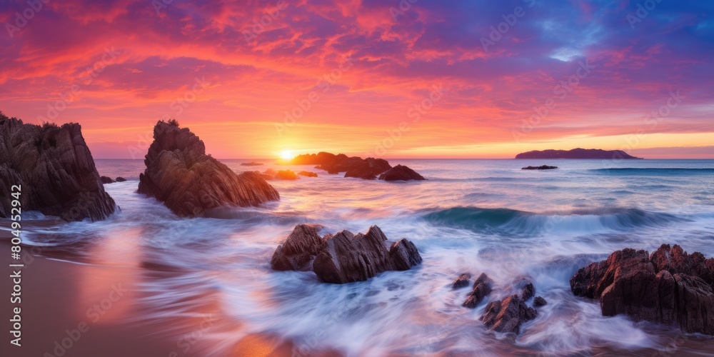 Breathtaking sunset over rocky coastline